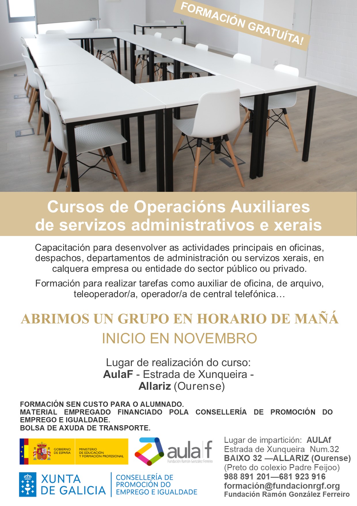Cursos de Operacións Auxiliares de servizos administrativos e xerais - cartel - Fundación Ramón González Ferreiro